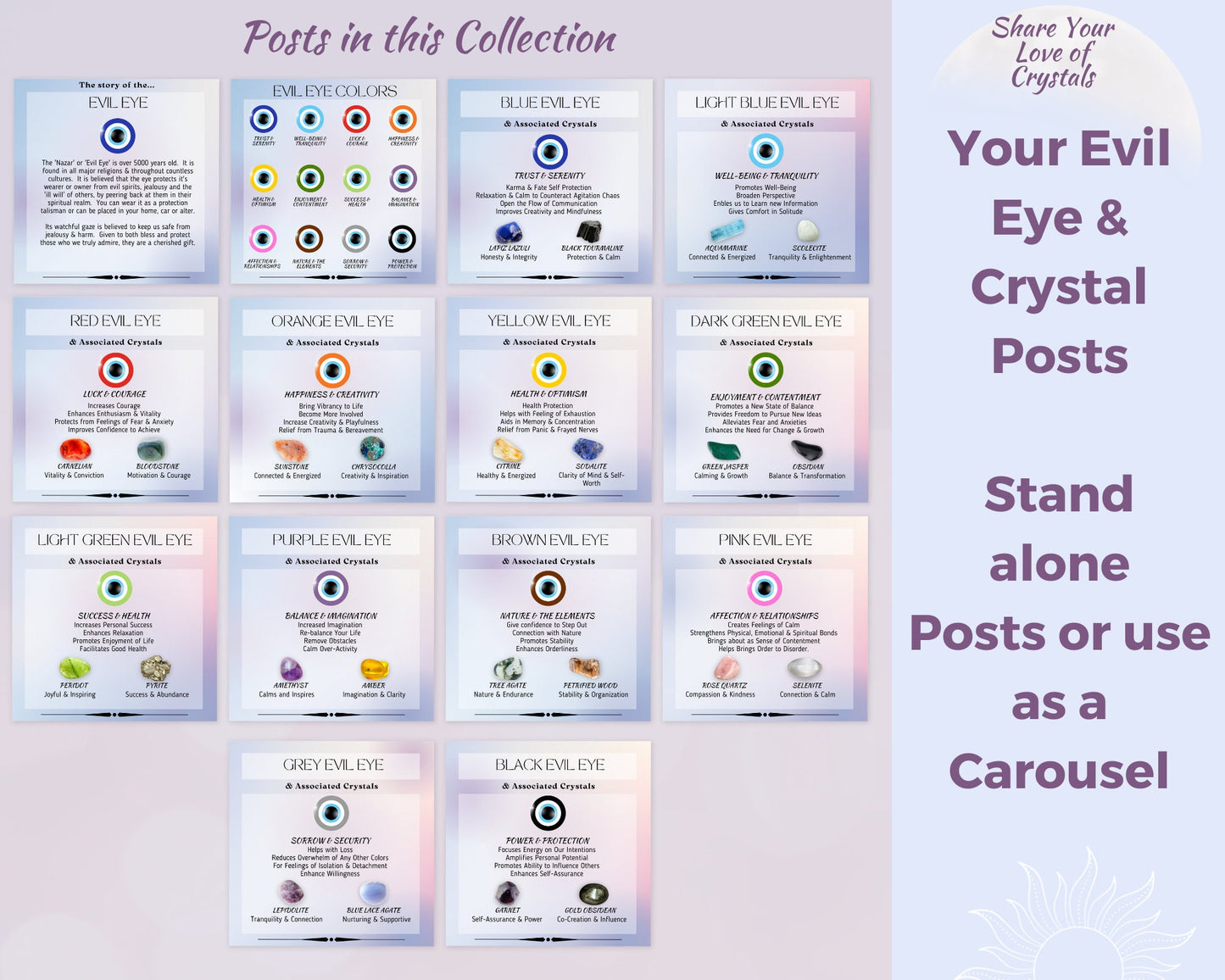Evil Eye and Crystals Posts, Nazar Evil Eye Meaning with Healing Crystals Social Media, Evil Eye Poster, Spiritual Instagram Posts in Canva