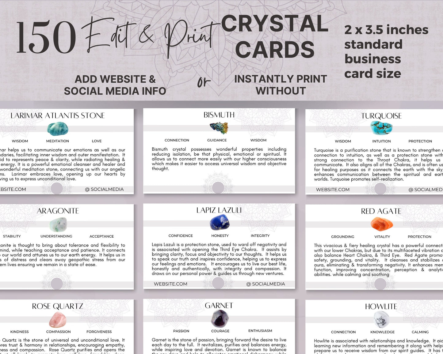 150 Crystal Cards in Business Card Size, Editable Gemstone Cards, Crystal Reference Cards, Crystal Meanings, Crystal Card Inserts, Digital