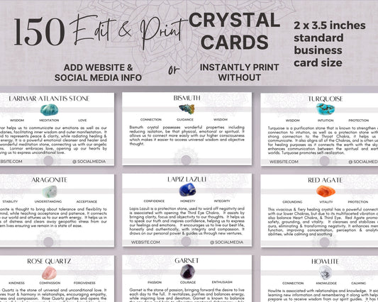 150 Crystal Cards in Business Card Size, Editable Gemstone Cards, Crystal Reference Cards, Crystal Meanings, Crystal Card Inserts, Digital