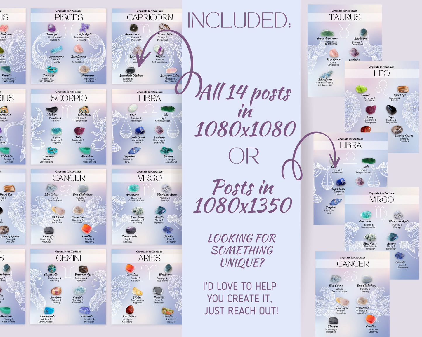 Zodiac & Crystals Posts, Birthstone Zodiac Crystal Social Media, Spritiual Instagram Canva Template, Healing Crystals Zodiac Star Sign Posts