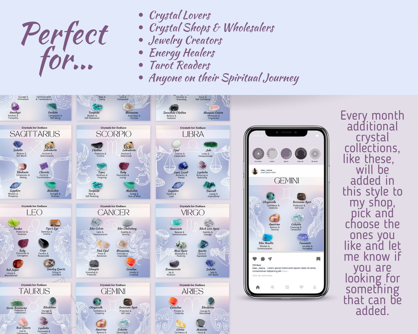 Zodiac & Crystals Posts, Birthstone Zodiac Crystal Social Media, Spritiual Instagram Canva Template, Healing Crystals Zodiac Star Sign Posts