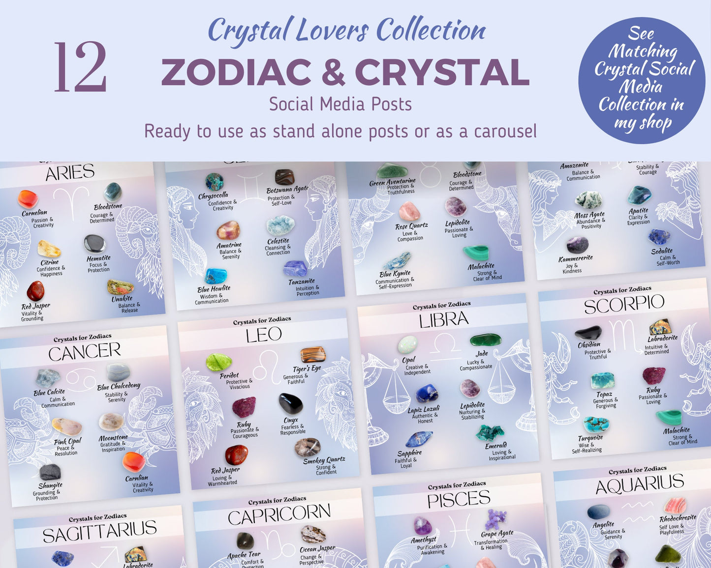 Zodiac & Crystals Posts, Birthstone Zodiac Crystal Social Media, Spritiual Instagram Canva Template, Healing Crystals Zodiac Star Sign Posts