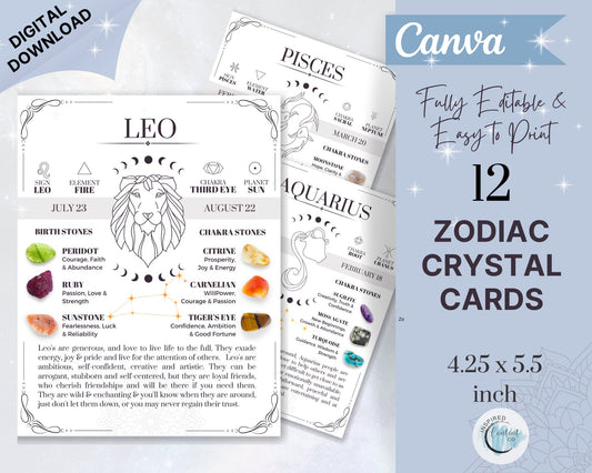 Zodiac Crystal Cards, Set of 12 Fully Editable & Printable Astrology Cards, Zodiac Cards with Birthstones, zodiac crystals, star sign cards