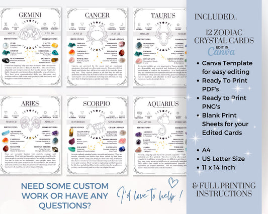Zodiac Crystal Cards, Set of 12 Fully Editable & Printable Astrology Cards, Zodiac Cards with Birthstones, zodiac crystals, star sign cards