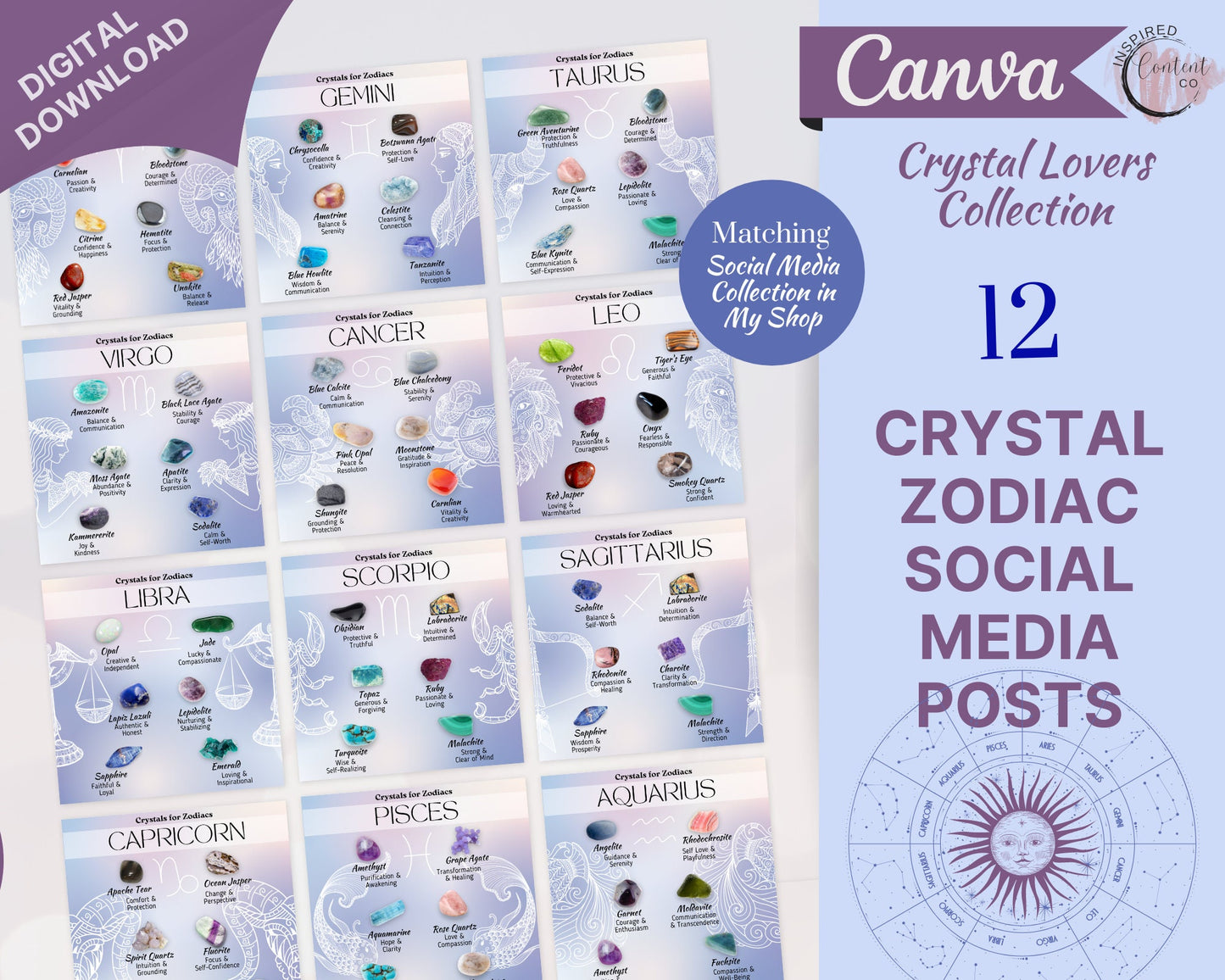 Zodiac & Crystals Posts, Birthstone Zodiac Crystal Social Media, Spritiual Instagram Canva Template, Healing Crystals Zodiac Star Sign Posts