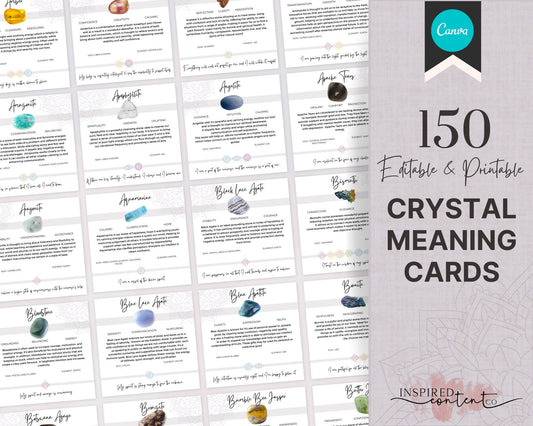 150 Printable Crystal Meaning Cards | Instant Download Crystal Cards, Editable Gemstone Cards, Crystal Reference Card Deck, Crystal Meanings
