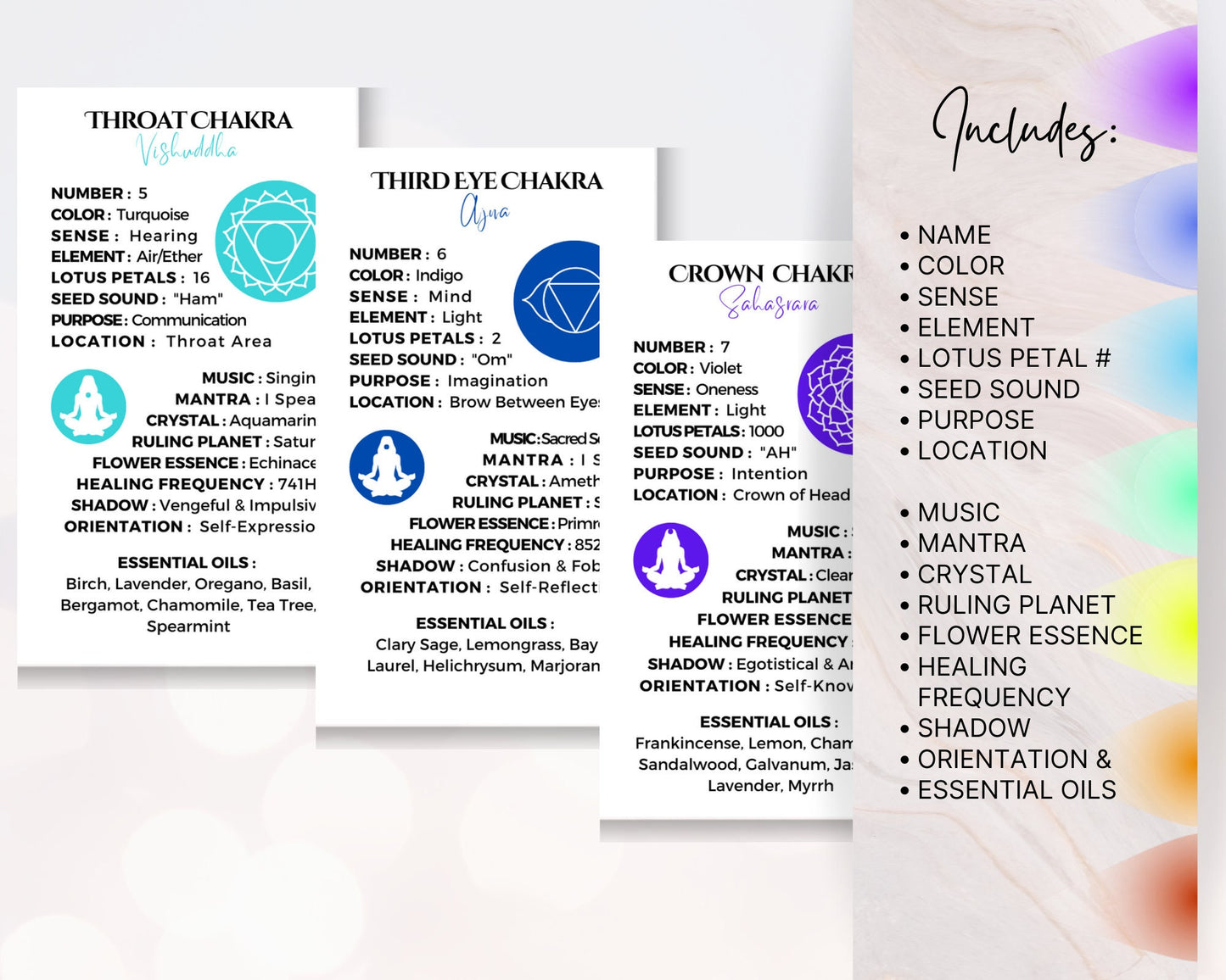 7 Chakra Cards: Printable Healing Chakra Information Cards with Chakra Meaning.  Chakra Info to align 7 Chakra to heal by energy healing.