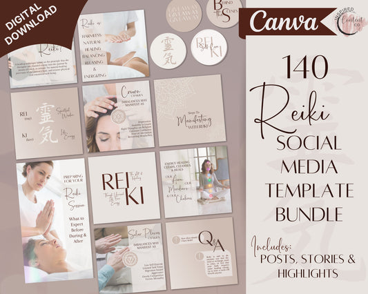 140 Reiki Social Media Bundle, Reiki Posts, Stories & Highlights, Reiki Template for Marketing Reiki Business, Spiritual Instagram in Canva
