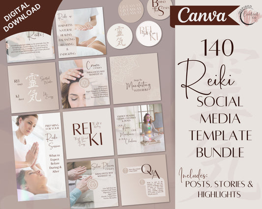 Reiki Social Media Vol 1 Collection - 140 Reiki Social Media Bundle, Reiki Posts, Stories & Highlights, Reiki Template for Marketing Reiki Business, Spiritual Instagram in Canva