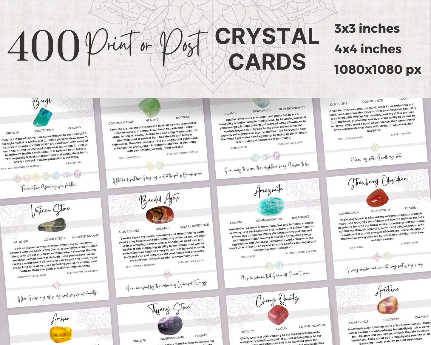 Stone Effect Card 400 Digital Crystal Cards, Editable Gemstone Meaning Cards, Healing St ...