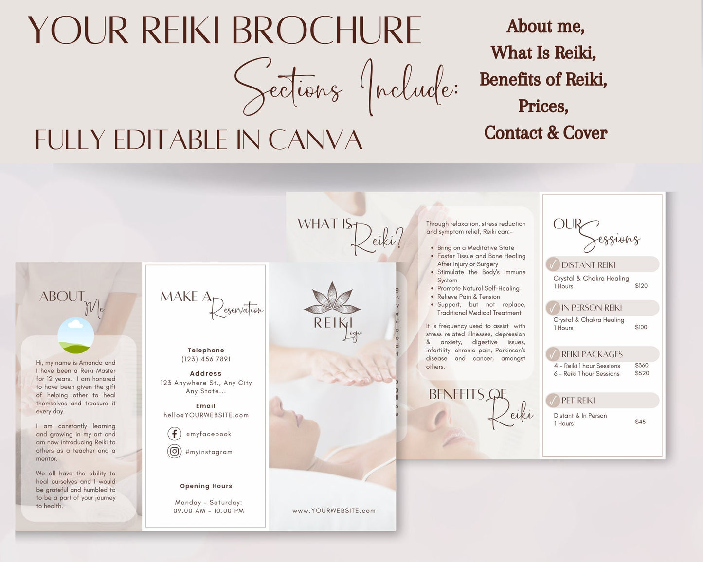 Reiki Marketing Brochure, Reiki Brochure for your Energy Healing & Reiki Business, Reiki Healing Info Brochure, Reiki Session Brochure Canva