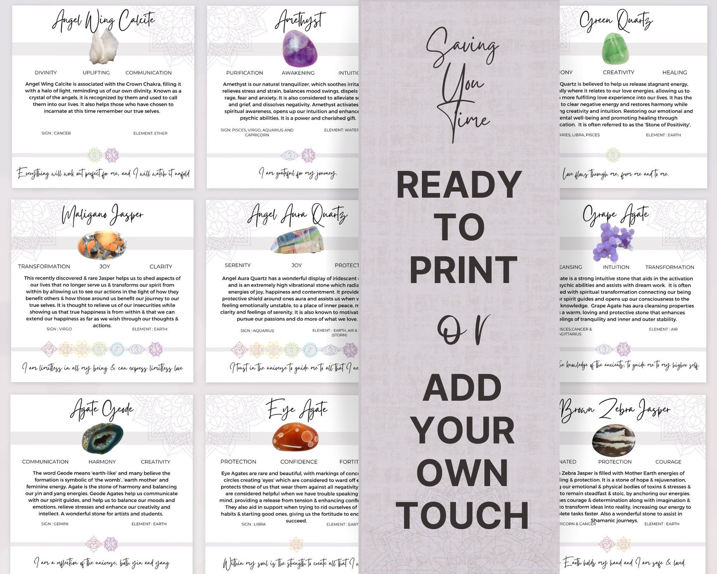 400 Digital Crystal Cards, Editable Gemstone Meaning Cards, Healing Stones & Chakra Crystals Properties, Crystal Shop Packaging Insert Cards