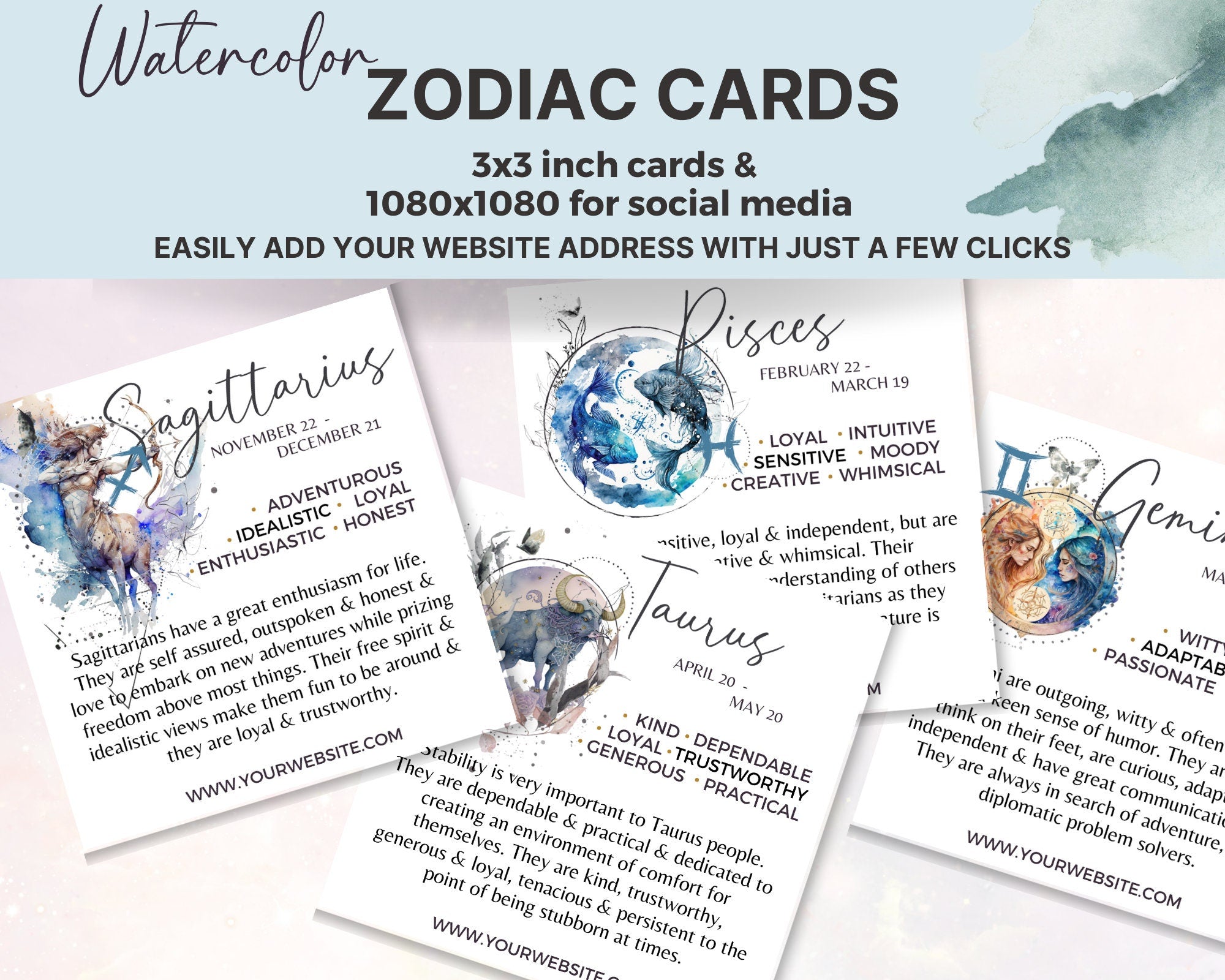 Zodiac Printable Cards 12 Watercolor Horoscope Art Cards Template in Canva