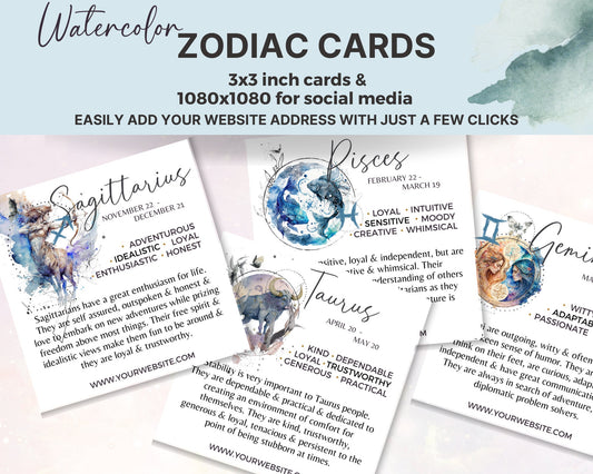 Zodiac Printable Cards - 12 Watercolor Horoscope Art Cards, Editable Astrology Cards/Star Sign Cards, Zodiac Cards Digital Canva Template