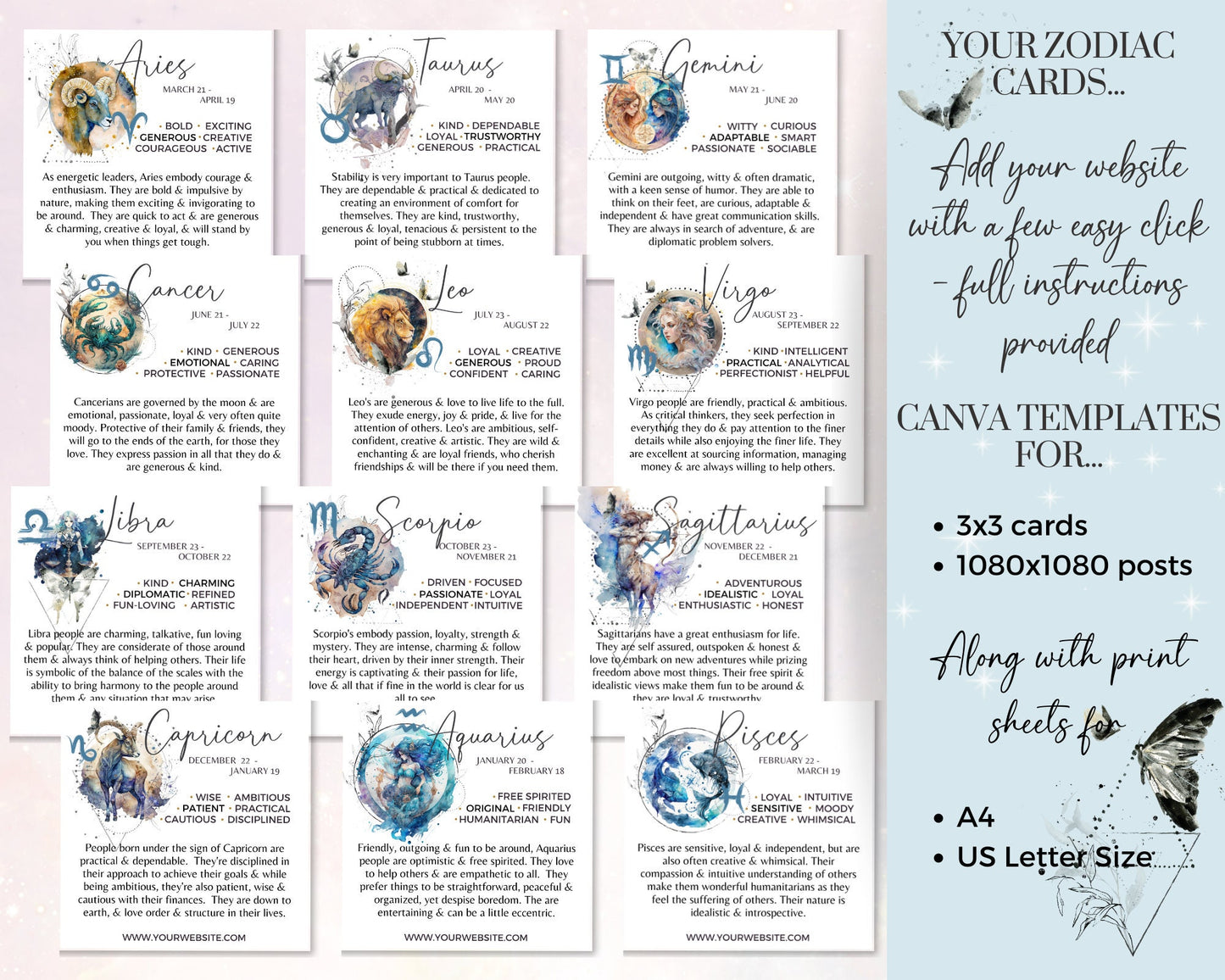 Zodiac Printable Cards - 12 Watercolor Horoscope Art Cards, Editable Astrology Cards/Star Sign Cards, Zodiac Cards Digital Canva Template