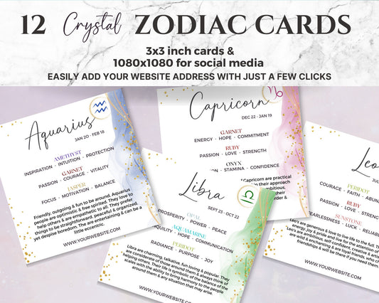 Crystal Zodiac Cards, Printable Zodiac Cards with Birthstones, Zodiac Crystals, Editable Star Sign Cards, Canva Zodiac Crystal Insert Cards
