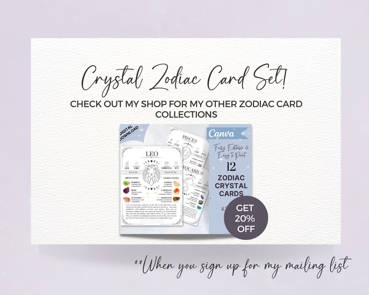 Crystal Zodiac Cards, Printable Zodiac Cards with Birthstones, Zodiac Crystals, Editable Star Sign Cards, Canva Zodiac Crystal Insert Cards