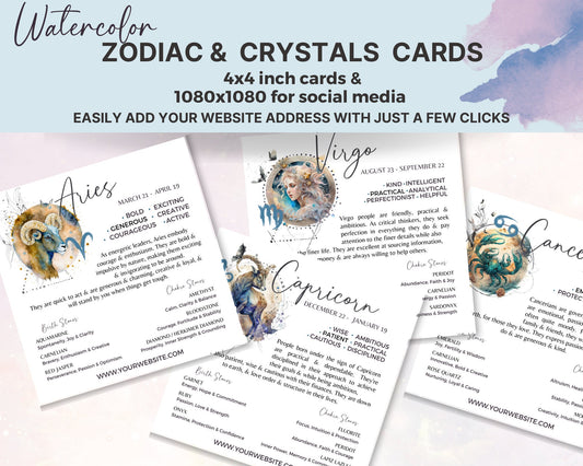 Printable Zodiac Crystals Cards- 12 Watercolor Art Horoscope & Crystal Cards, Editable Astrology Cards/Star Sign Cards, Zodiac Cards Canva