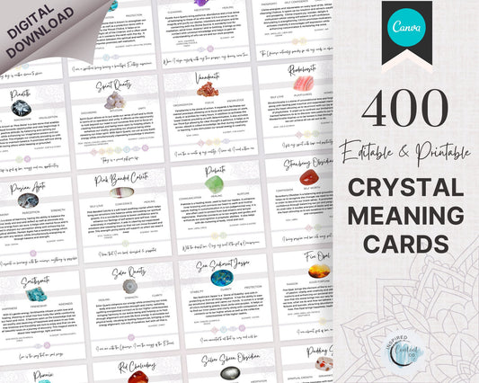 400 Digital Crystal Cards, Editable Gemstone Meaning Cards, Healing Stones & Chakra Crystals Properties, Crystal Shop Packaging Insert Cards
