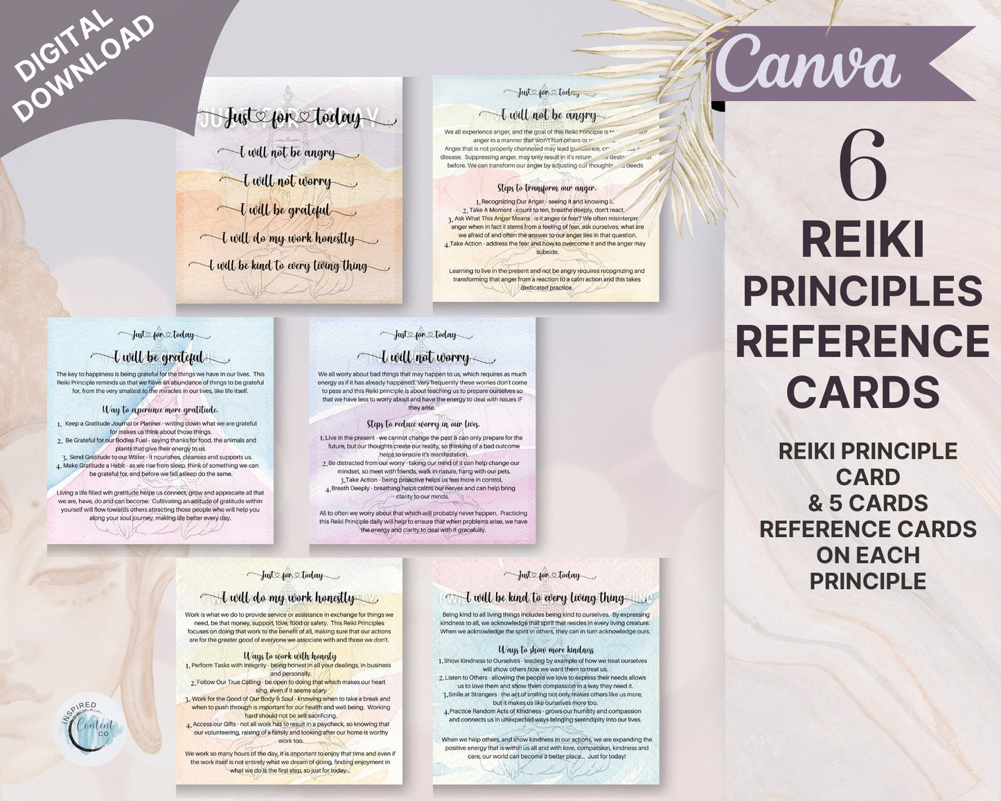 Reiki Principles: Just for Today printable Reiki Cards, Reiki energy healing tools explaining the Reiki Ideals, Reiki Master Gift, Zen Art