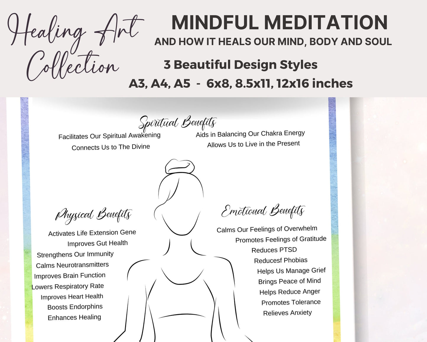 Healing Art: Mindful Meditation Spiritual Wall Art, Meditation Poster for Mental & Physical Wellbeing, Woman Silhouette Art, Yoga Art Print