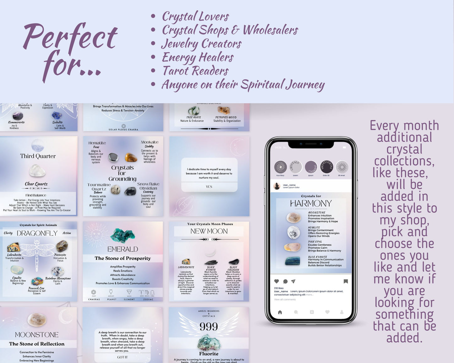 Vol 4 - Crystal Social Media Posts, Energy Healing Spiritual Instagram, Chakra Crystals Template, Crystal shop astrology crystal & witchy IG