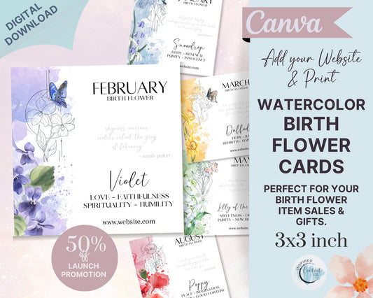 Birth Flower Cards - Watercolor Birth Flower Meaning Cards, Month of the Year Birth Flower Info Cards in Canva, Birth Flower Jewelry Inserts