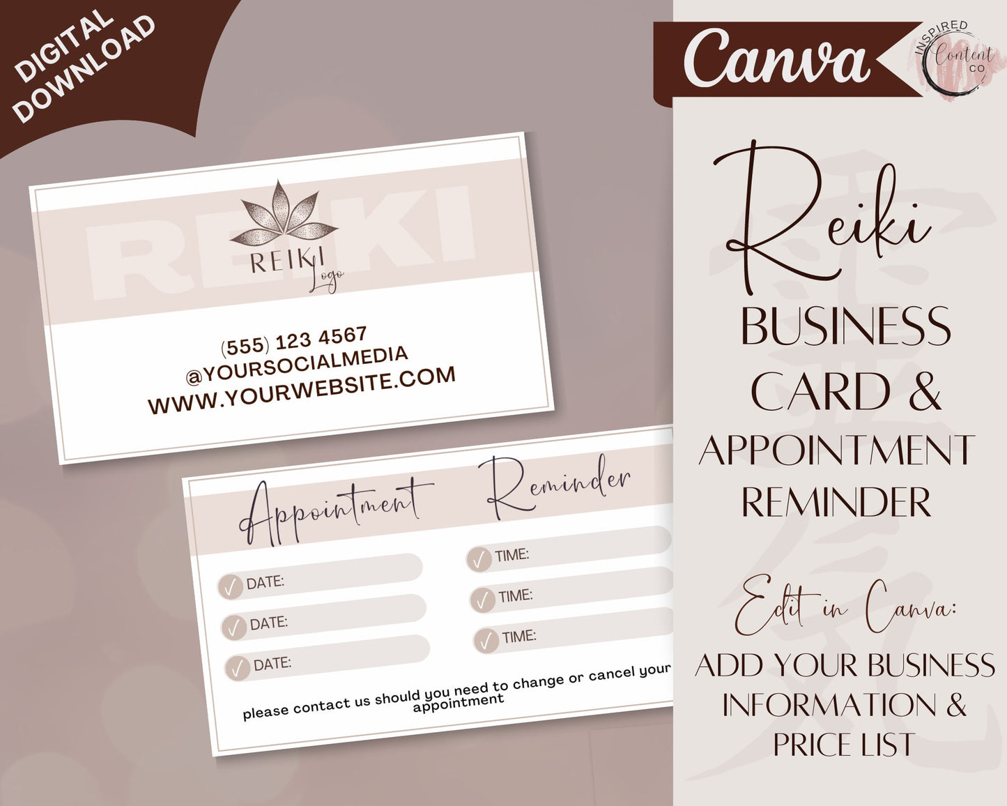 Reiki Business Card, Appointment Card Template, Reiki Printable Customer Reminder Card, Reiki Session Reminder, Energy Healing Reikie cards