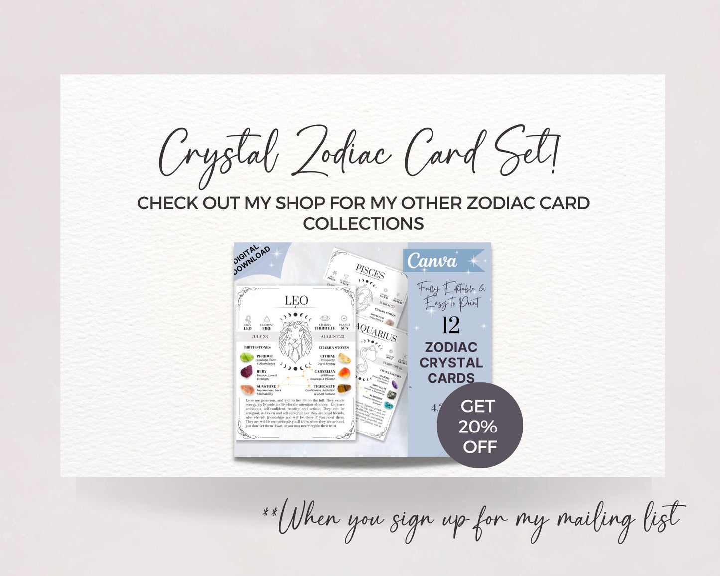 Printable Zodiac Crystals Cards- 12 Watercolor Art Horoscope & Crystal Cards, Editable Astrology Cards/Star Sign Cards, Zodiac Cards Canva