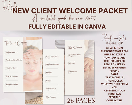 Reiki Client Welcome Guide, Energy Healing Client Onboarding Packet, Reiki Information Packet in Canva,  New Client Guide for Reiki Business