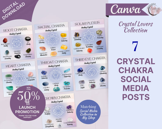 Chakra & Crystals Posts, Chakra Social Media Posts with Crystals, Spritiual Instagram Canva Template, Crystal Chakras Social Media Template