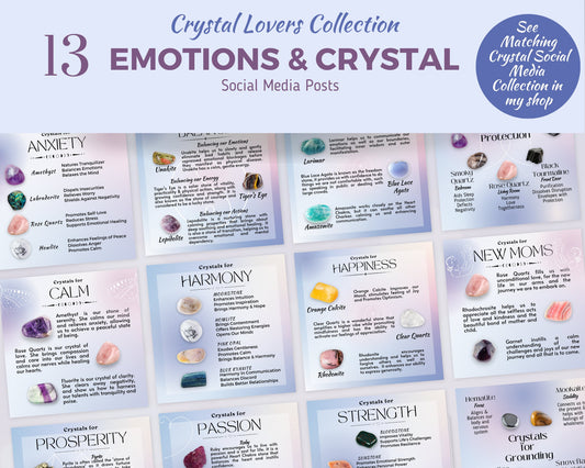 Emotions & Crystals Posts, Crystal Purpose Social Media Posts, Spritiual Instagram Canva Template, Crystals and Uses Social Media Template