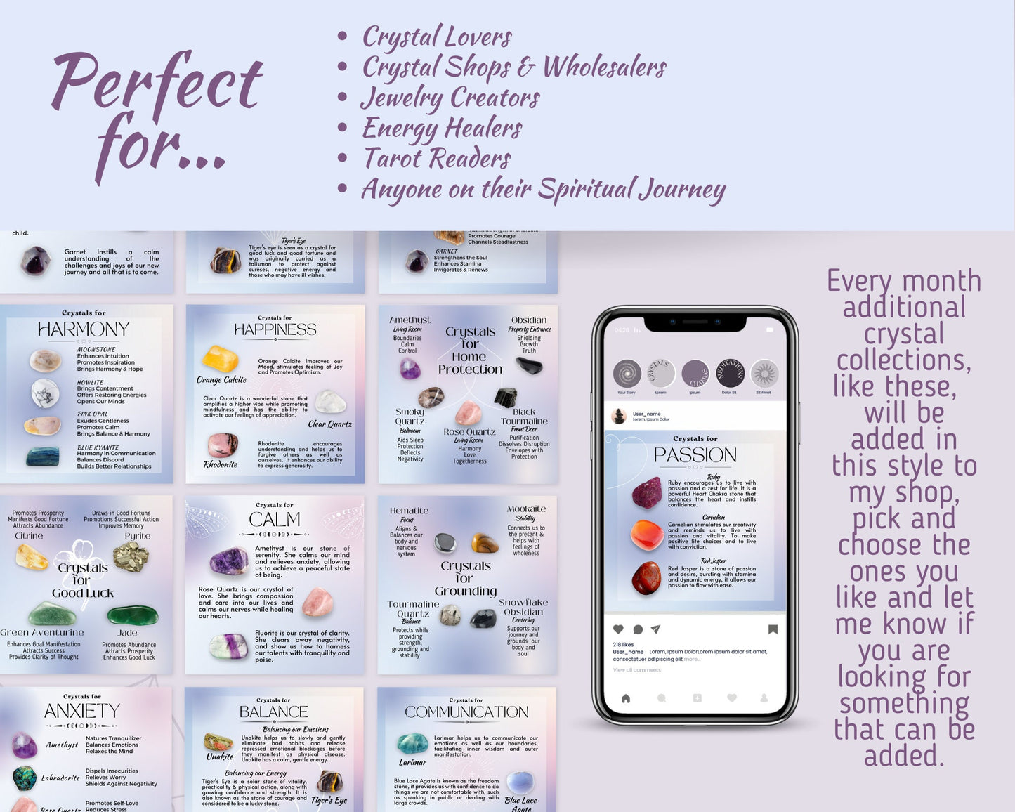 Emotions & Crystals Posts, Crystal Purpose Social Media Posts, Spritiual Instagram Canva Template, Crystals and Uses Social Media Template