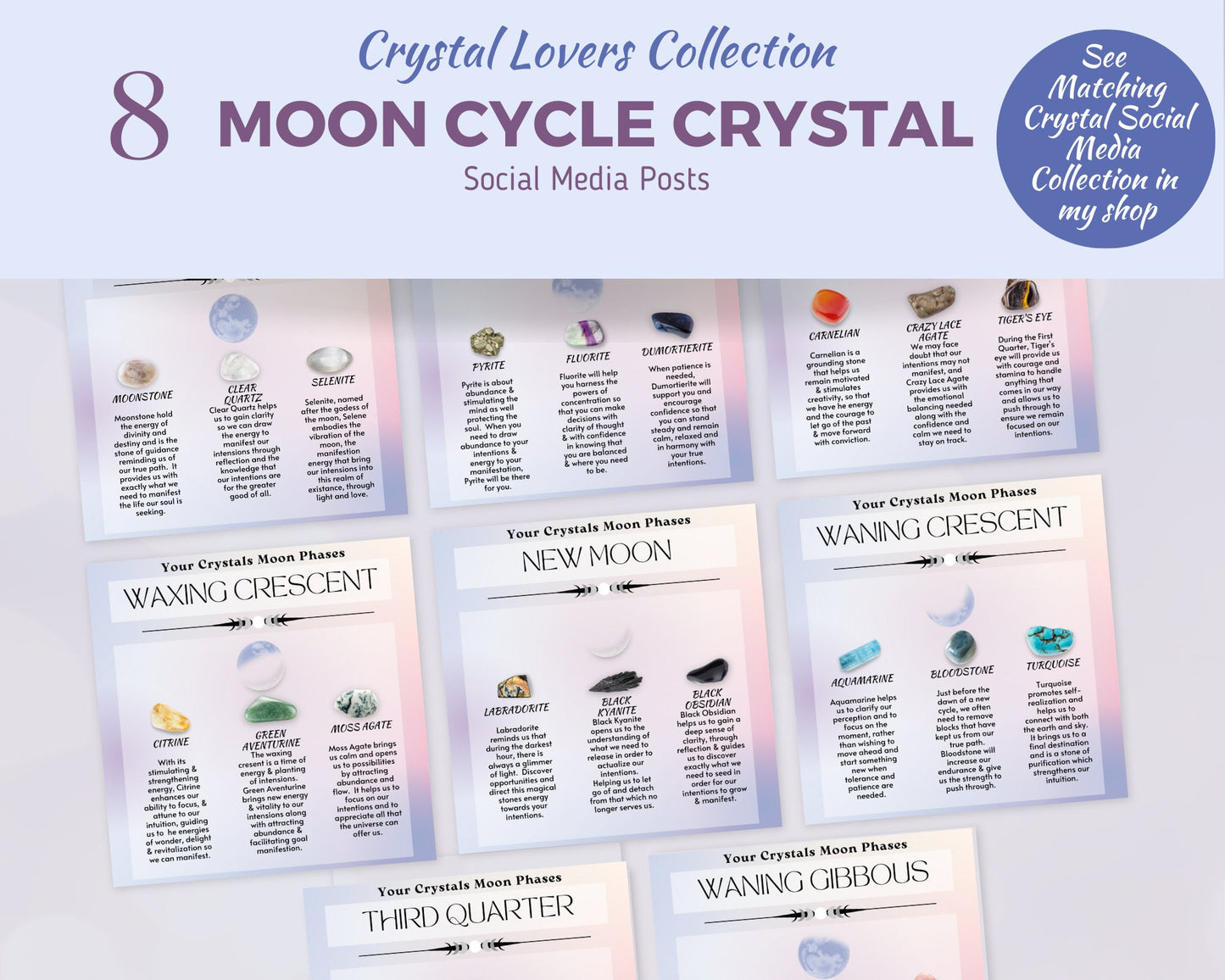 Moon Phase Crystals Posts, Crystal Purpose Social Media Posts, Spritiual Instagram Canva Template, Crystals and Uses Social Media Template