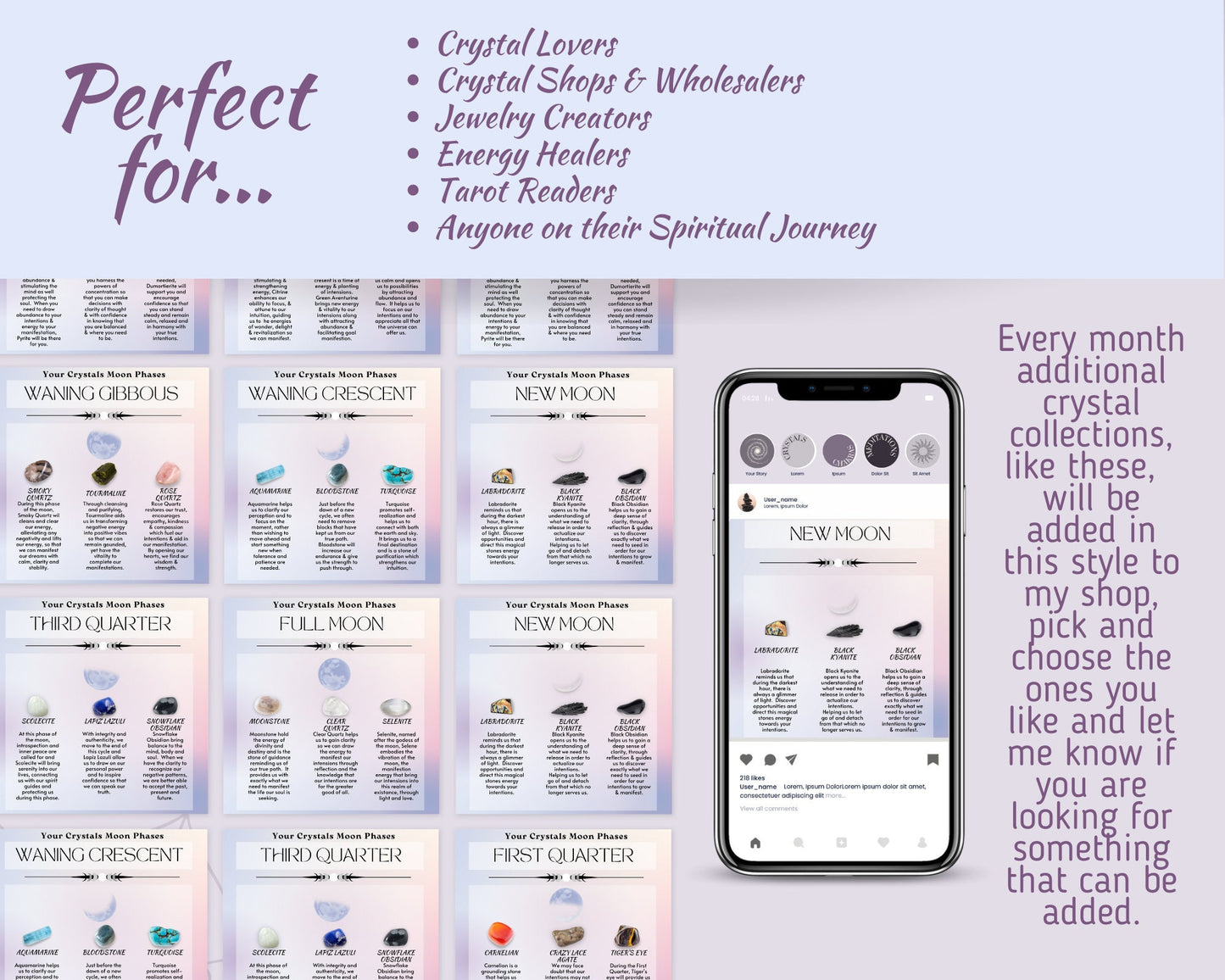 Moon Phase Crystals Posts, Crystal Purpose Social Media Posts, Spritiual Instagram Canva Template, Crystals and Uses Social Media Template