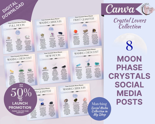 Moon Phase Crystals Posts, Crystal Purpose Social Media Posts, Spritiual Instagram Canva Template, Crystals and Uses Social Media Template