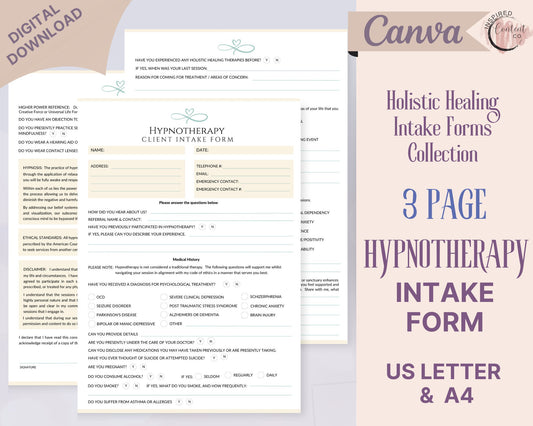 Hypnotherapy Intake Form and Consent Form, Holistic Healing Hypnosis Intake Form Editable in Canva, Hypnotherapy Intake Form Template