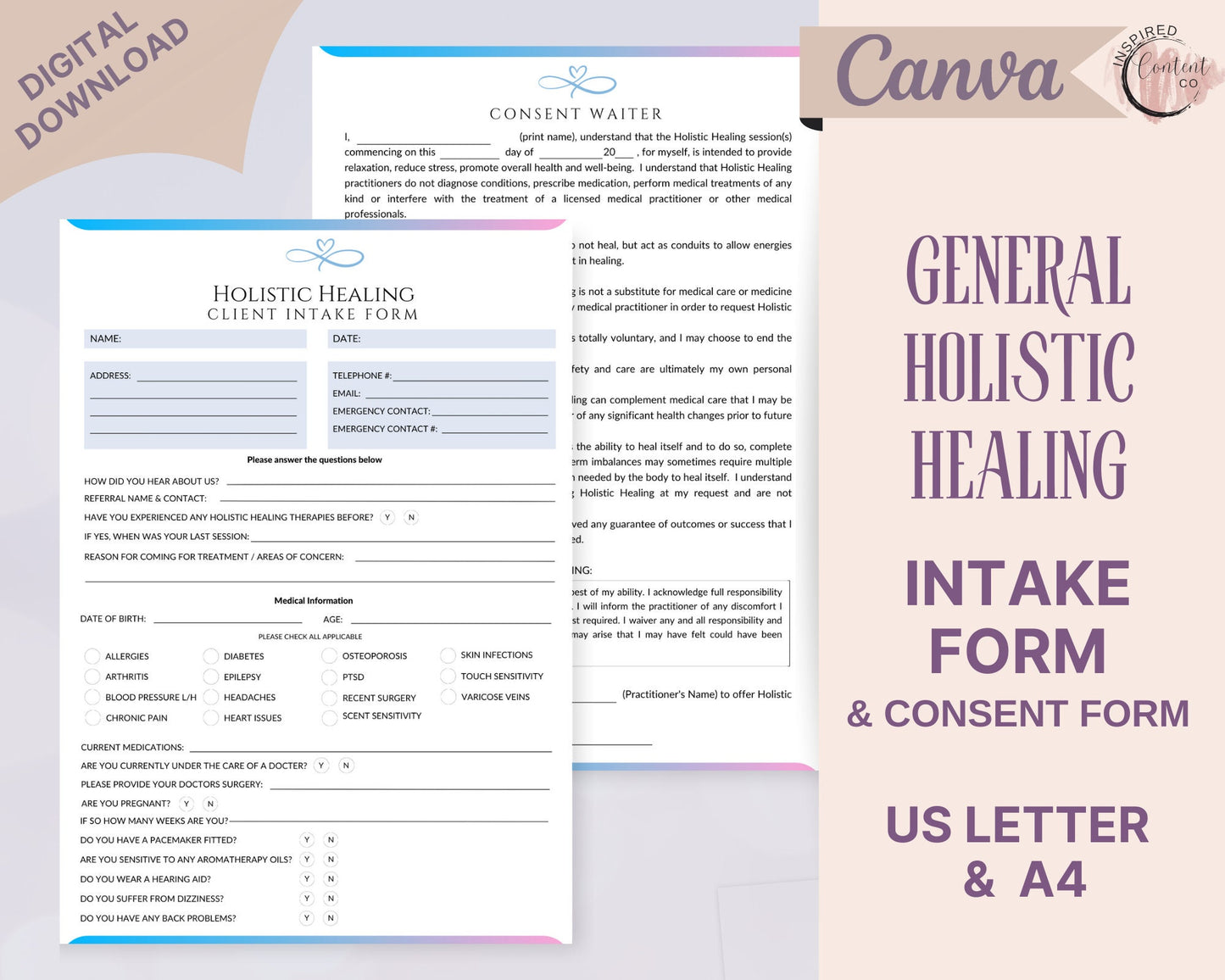 Holistic Healing Intake Form and Consent Waiver Form, Energy Healing Intake Form Editable in Canva, Reiki Intake Form Template, Consent Form