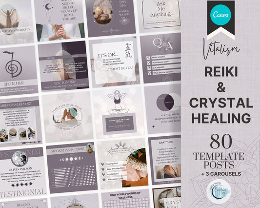 80 Reiki Healing Social Media Posts, Crystal Healing & Spiritual Instagram Template, Reiki Template, Spiritual Coaches, Reiki Marketing