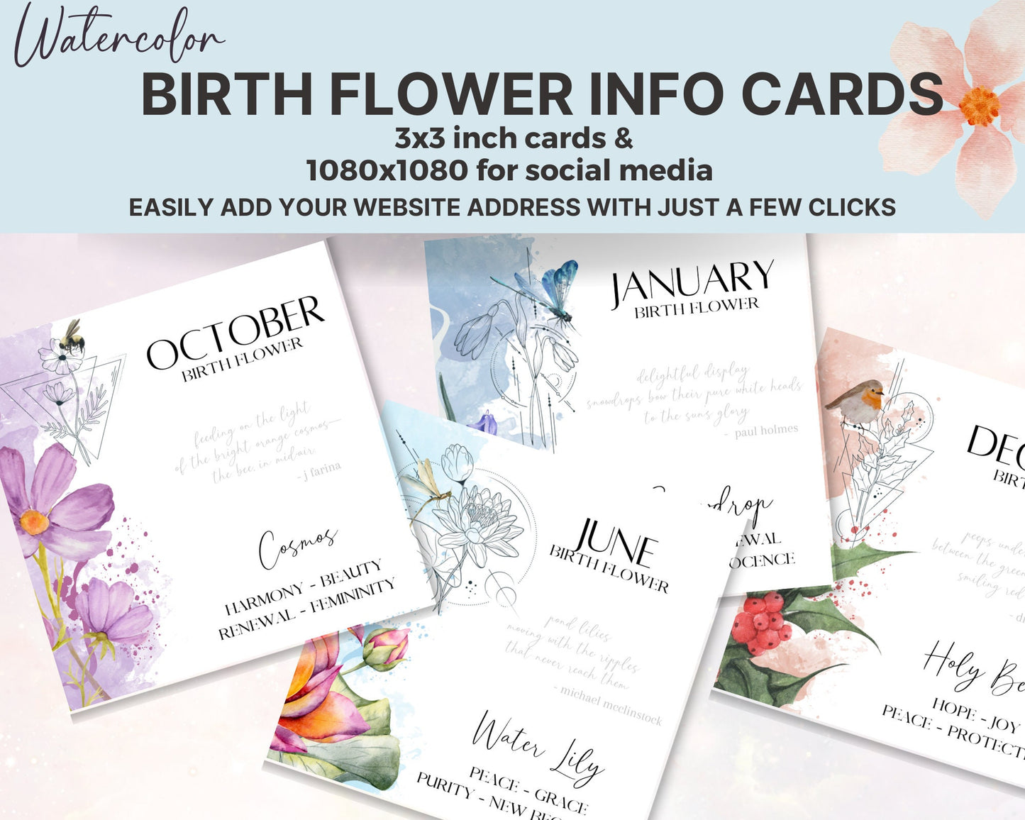 Birth Flower Cards - Watercolor Birth Flower Meaning Cards, Month of the Year Birth Flower Info Cards in Canva, Birth Flower Jewelry Inserts