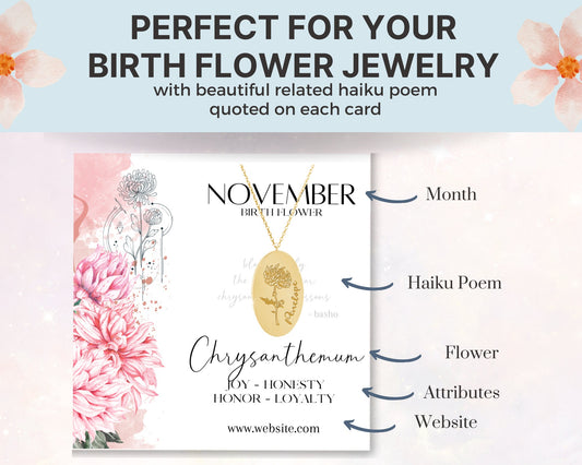 Birth Flower Cards - Watercolor Birth Flower Meaning Cards, Month of the Year Birth Flower Info Cards in Canva, Birth Flower Jewelry Inserts