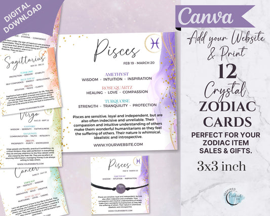 Crystal Zodiac Cards, Printable Zodiac Cards with Birthstones, Zodiac Crystals, Editable Star Sign Cards, Canva Zodiac Crystal Insert Cards