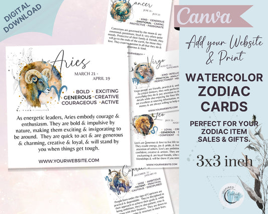 Zodiac Printable Cards - 12 Watercolor Horoscope Art Cards, Editable Astrology Cards/Star Sign Cards, Zodiac Cards Digital Canva Template
