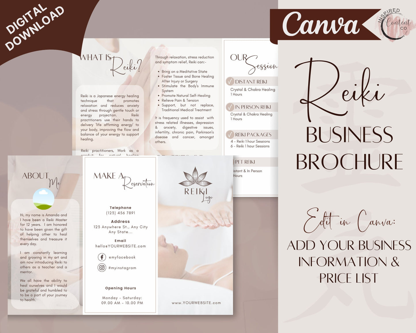 Reiki Marketing Brochure, Reiki Brochure for your Energy Healing & Reiki Business, Reiki Healing Info Brochure, Reiki Session Brochure Canva