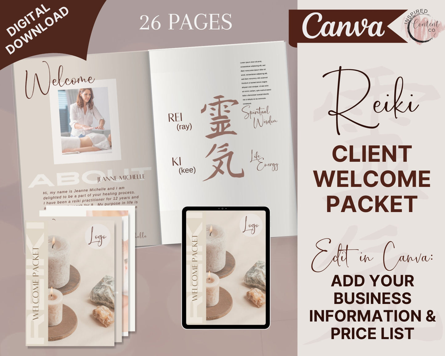 Reiki Client Welcome Guide, Energy Healing Client Onboarding Packet, Reiki Information Packet in Canva,  New Client Guide for Reiki Business