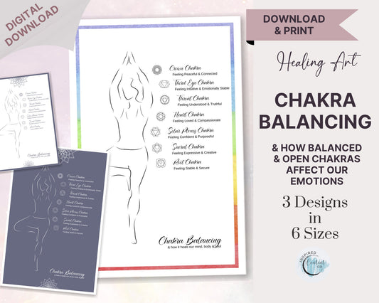 Healing Art: Seven Chakra Balancing Print, Energy Healing Spiritual Wall Art, Chakra Healing Emotions Poster, Woman Silhouette Art, Yoga Art