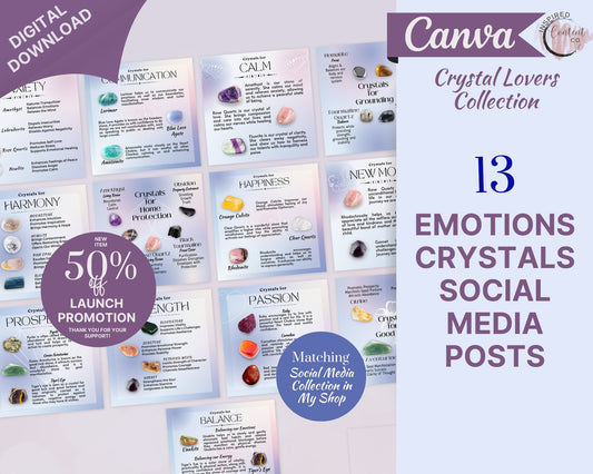 Emotions & Crystals Posts, Crystal Purpose Social Media Posts, Spritiual Instagram Canva Template, Crystals and Uses Social Media Template