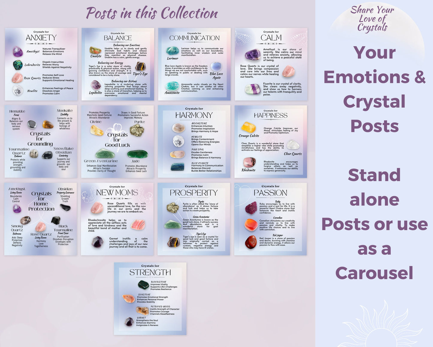 Emotions & Crystals Posts, Crystal Purpose Social Media Posts, Spritiual Instagram Canva Template, Crystals and Uses Social Media Template