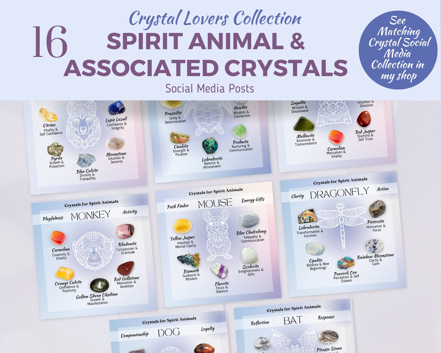 Spirit Animal Crystals Posts, Power Animal Social Media Posts, Spritiual Instagram Canva Template, Totem Animal & Associated Crystals Posts