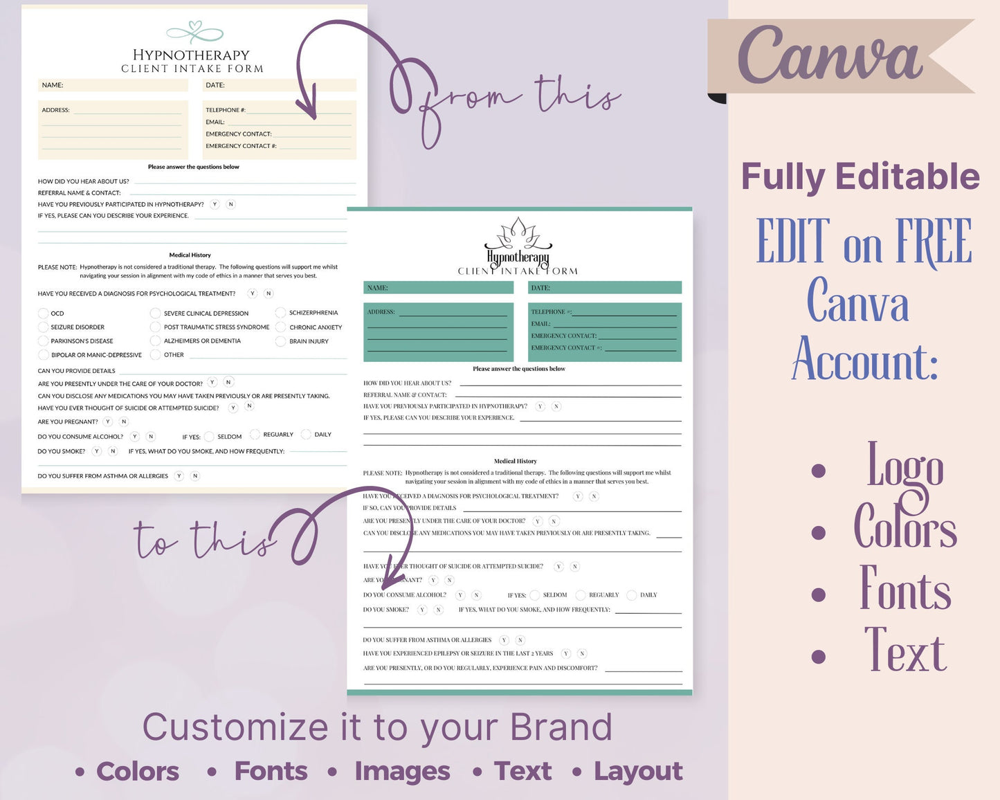 Hypnotherapy Intake Form and Consent Form, Holistic Healing Hypnosis Intake Form Editable in Canva, Hypnotherapy Intake Form Template